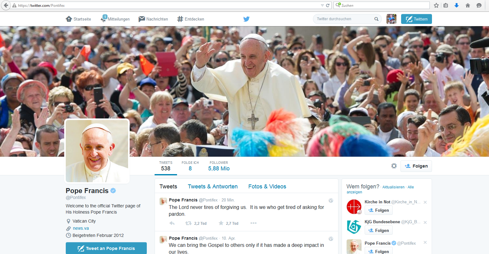 Twitter Profil Papst Franzikus @pontifex