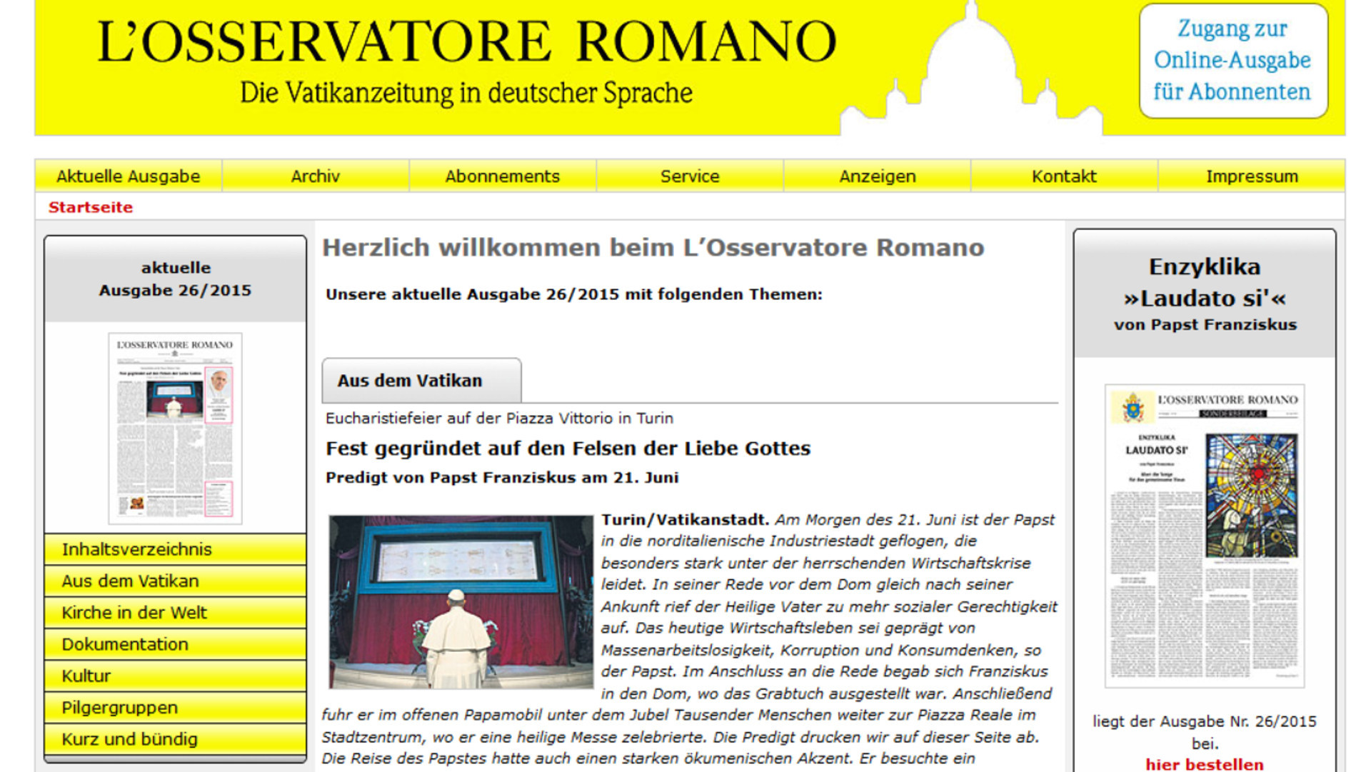Internetseite des "Osservatore Romano"