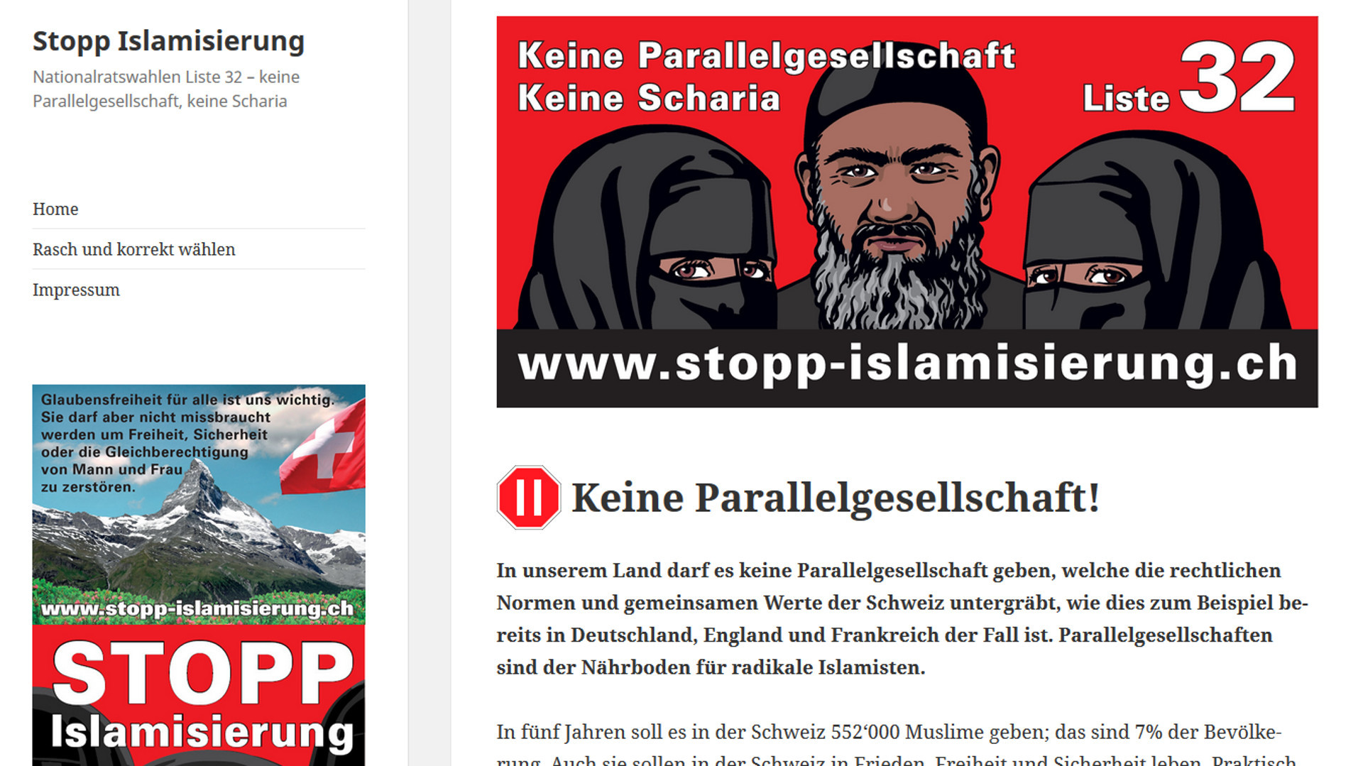 Ausschnitt Internet-Seite der Wahlkampfliste "Stopp Islamisierung der EDU Kanton Zürich.