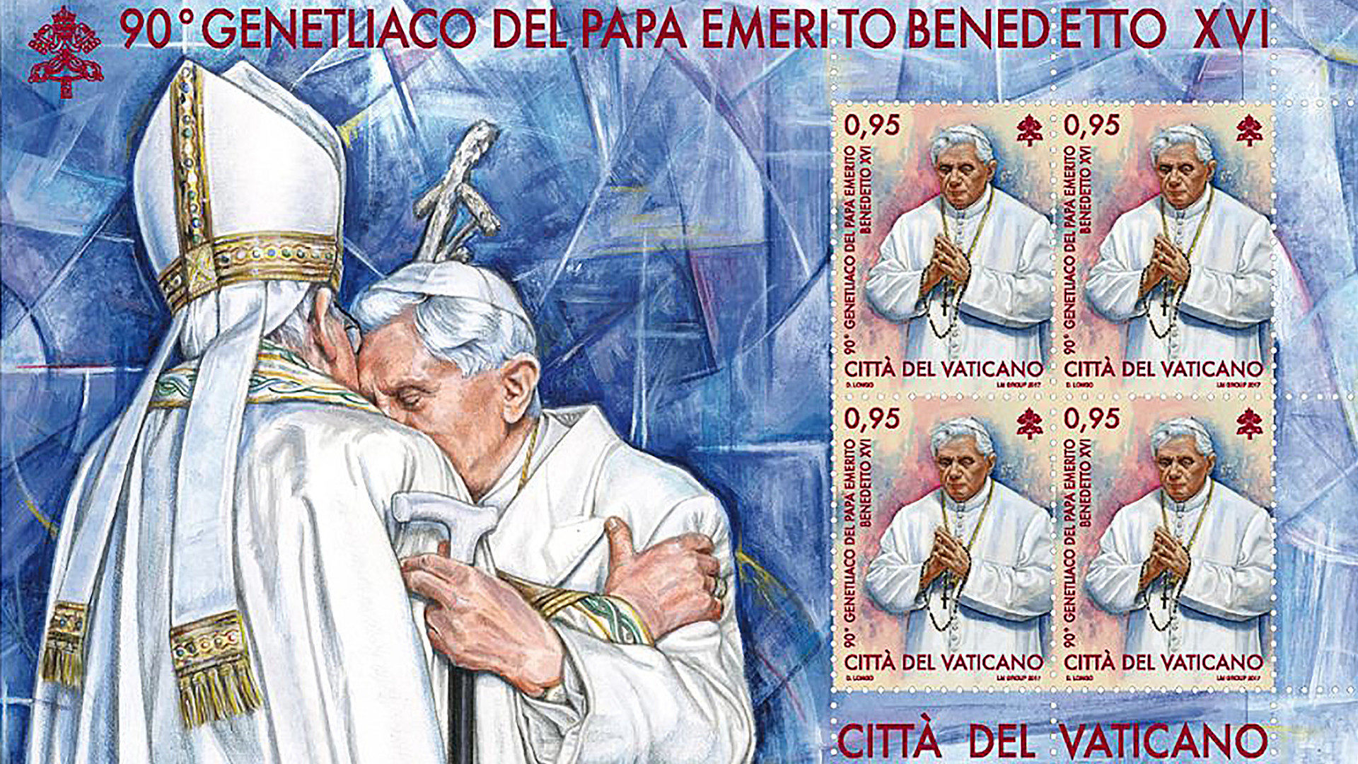 Sondermarke der Vatikanpost zum 90. Geburtstag des früheren Papstes Benedikt XVI.