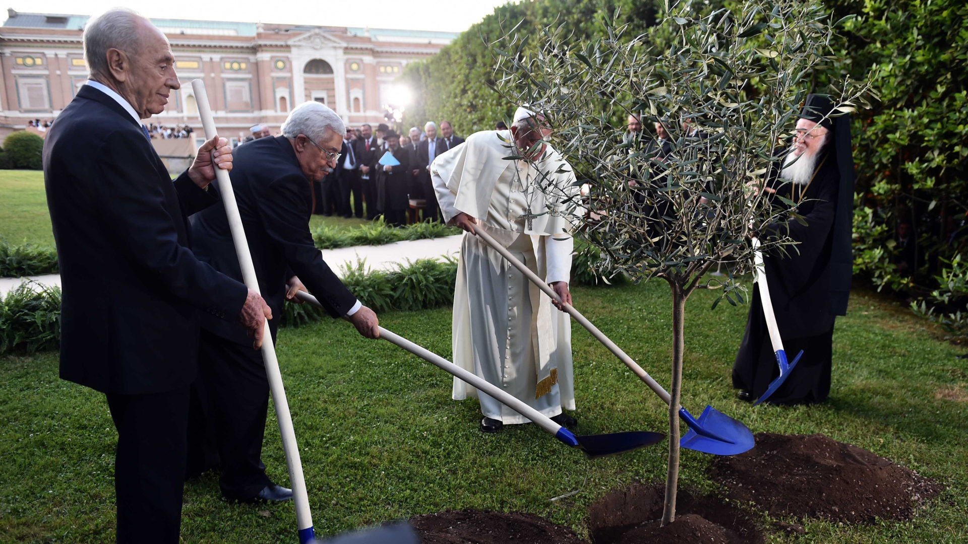 Schimon Peres, Mahmud Abbas und Papst Franzikus im Jahr 2014