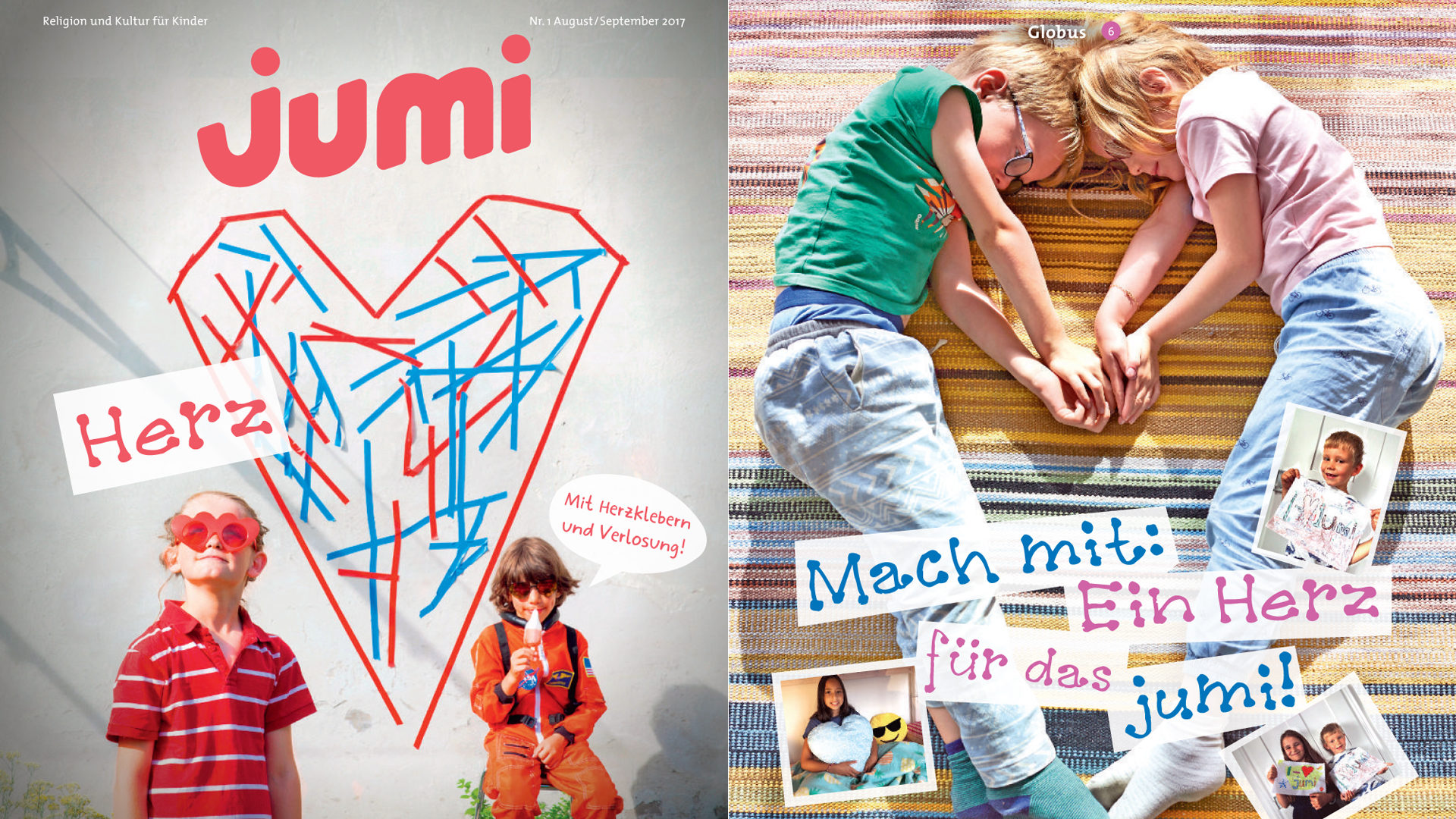 Titelbild (links) und eine Seite aus der aktuellen Jubiläumsausgabe des "Jumi" zum Thema "Herz".