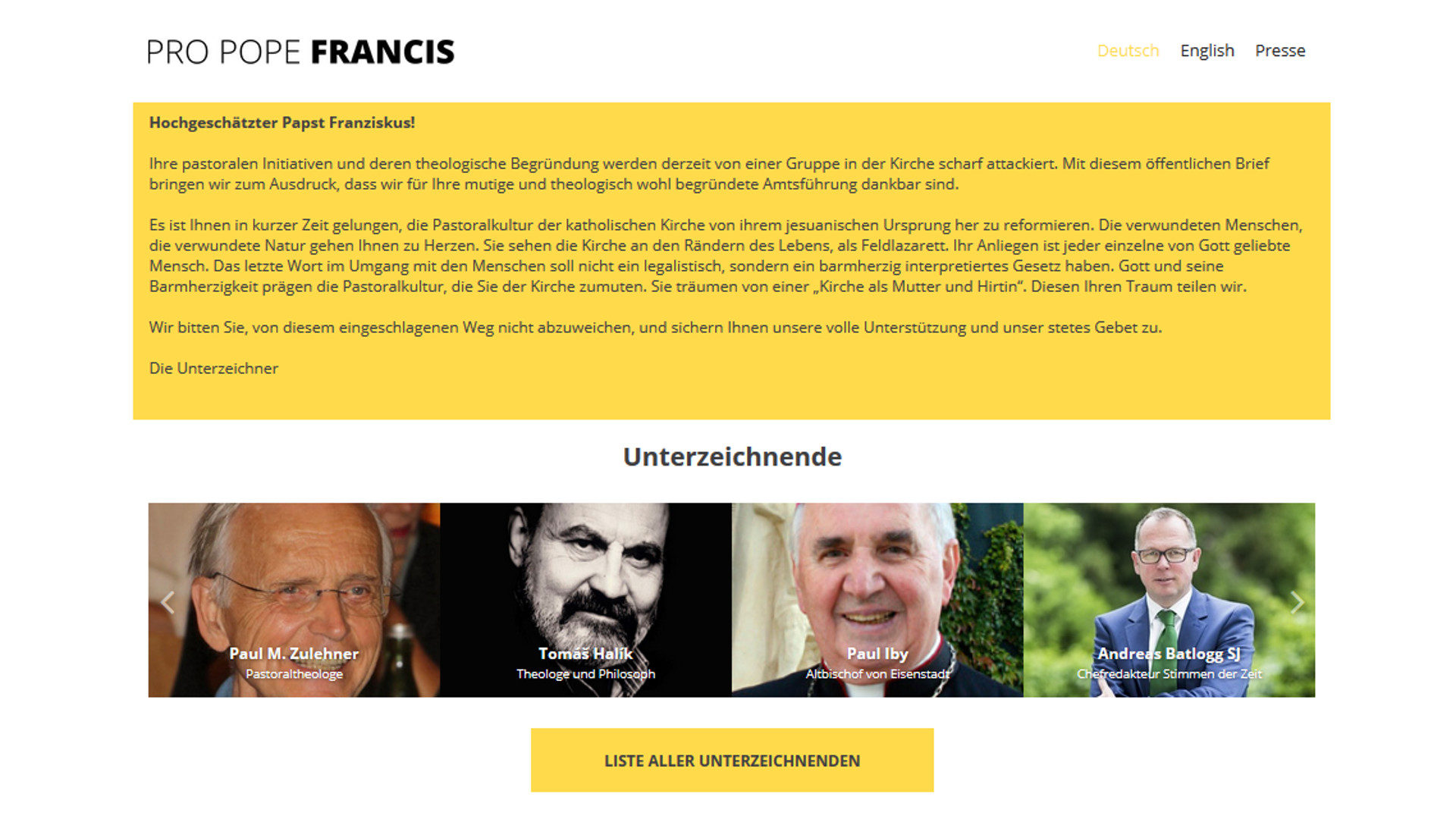 Website der Initiative "Pro Pope Francis"