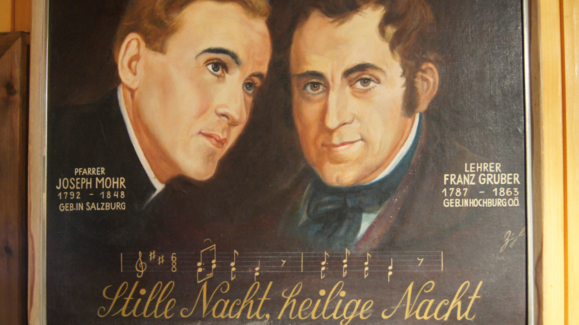 Joseph Mohr und Franz Xaver Gruber auf einem Gemälde.