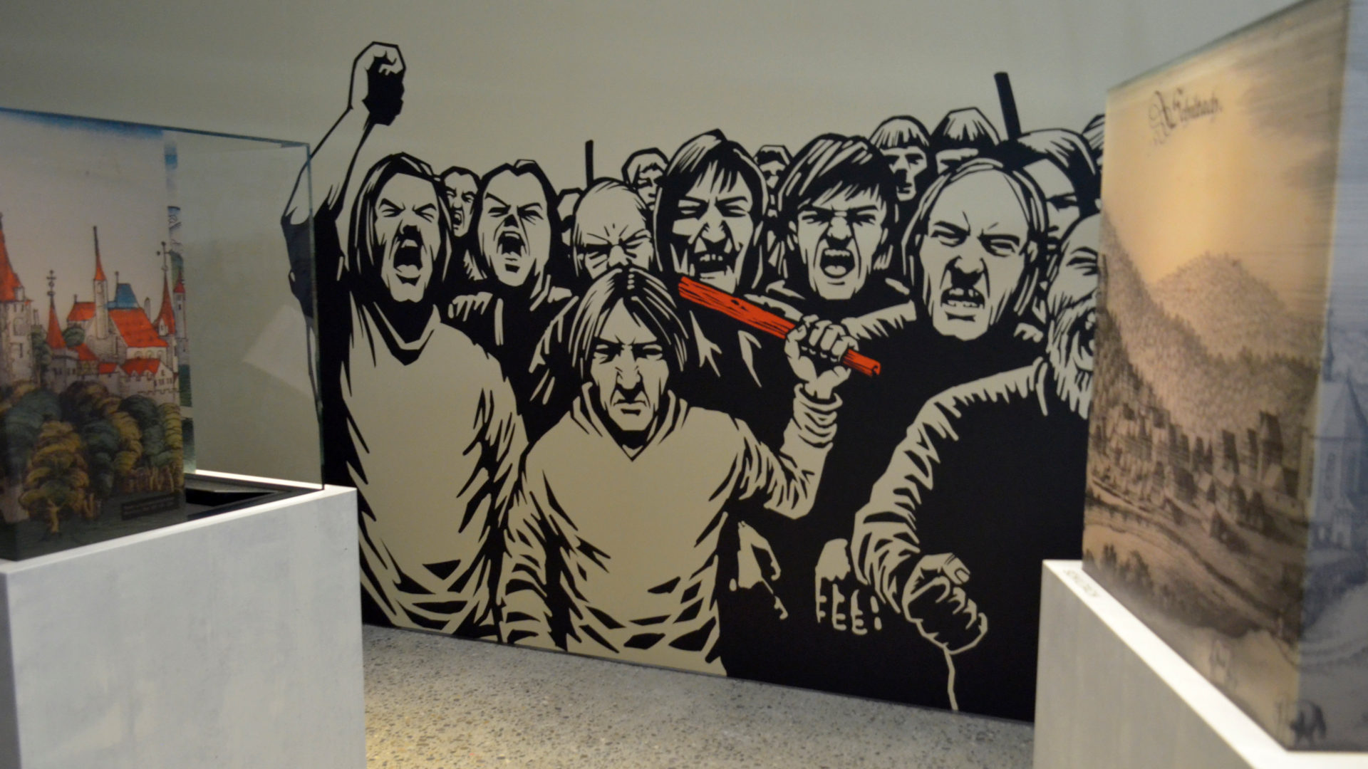 Ein wütender Mob. Wandbild in der "Sündenbock"-Ausstellung, 2019 im Schweizerischen Nationalmuseum
