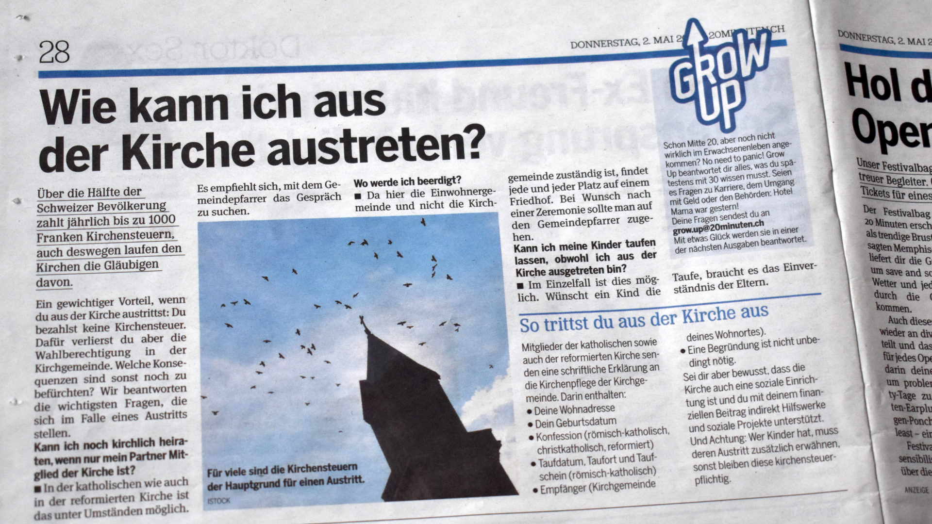 Spartipp Kirchenaustritt - der Beitrag in der Pendlerzeitung «20 Minuten» erschien online und in mehreren regionalen Printausgaben, so auch in der Ausgabe Zürich.