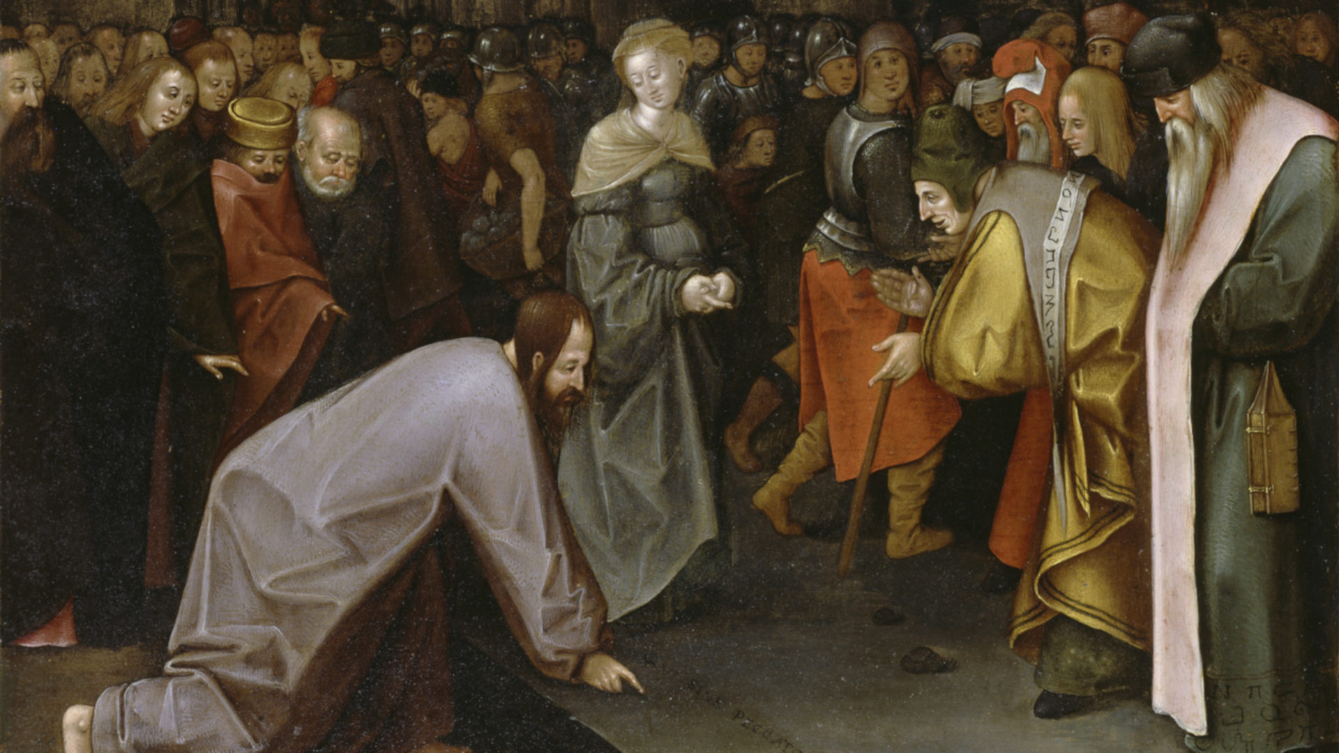 Jesus, die Ehebrecherin und Pharisäer auf einem Gemälde von Pieter Bruegel d. Ä.