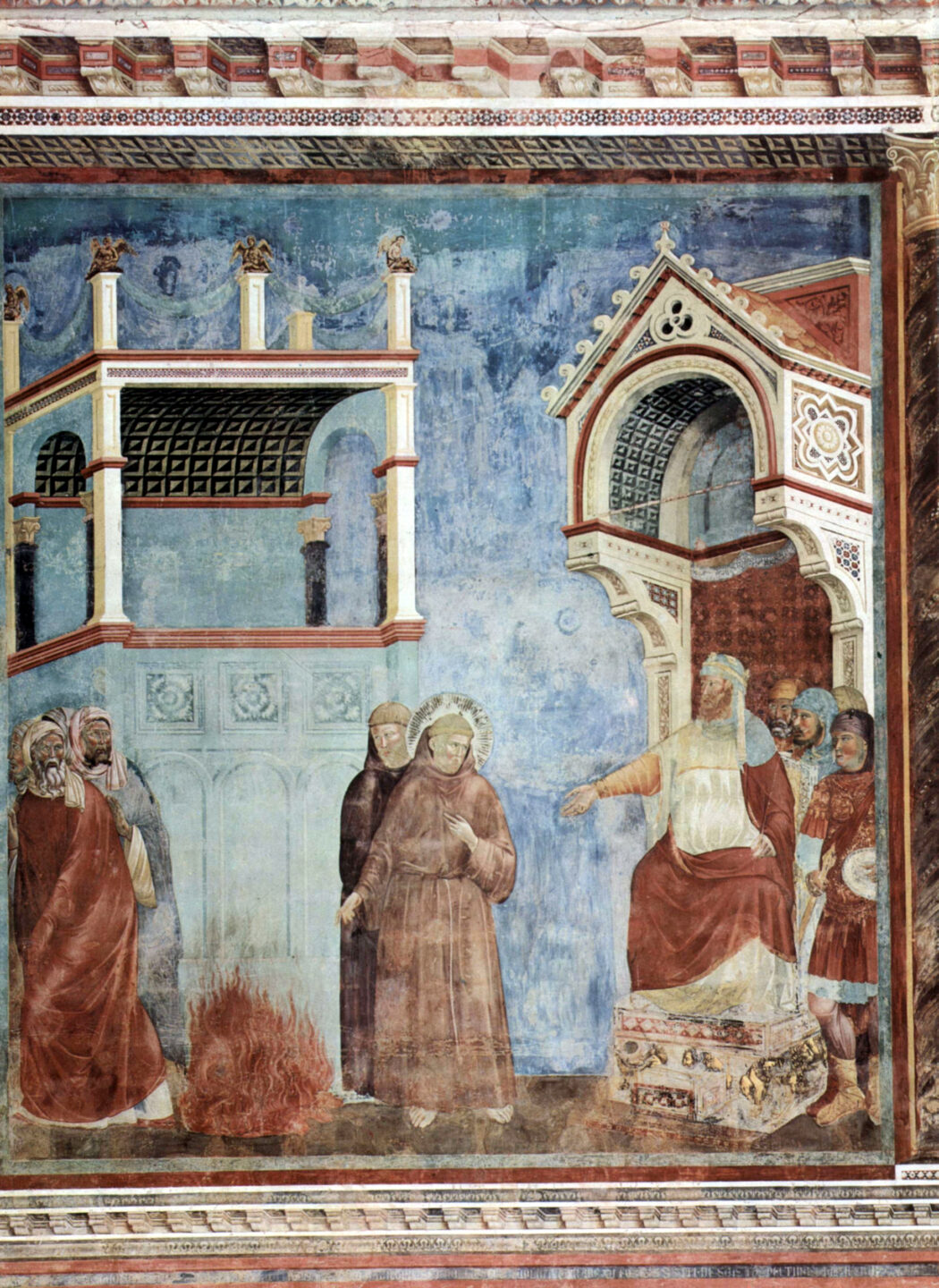 Freskenzyklus zum Leben des Hl. Franziskus von Assisi von Giotto. Szene: Die Feuerprobe vor dem Sultan