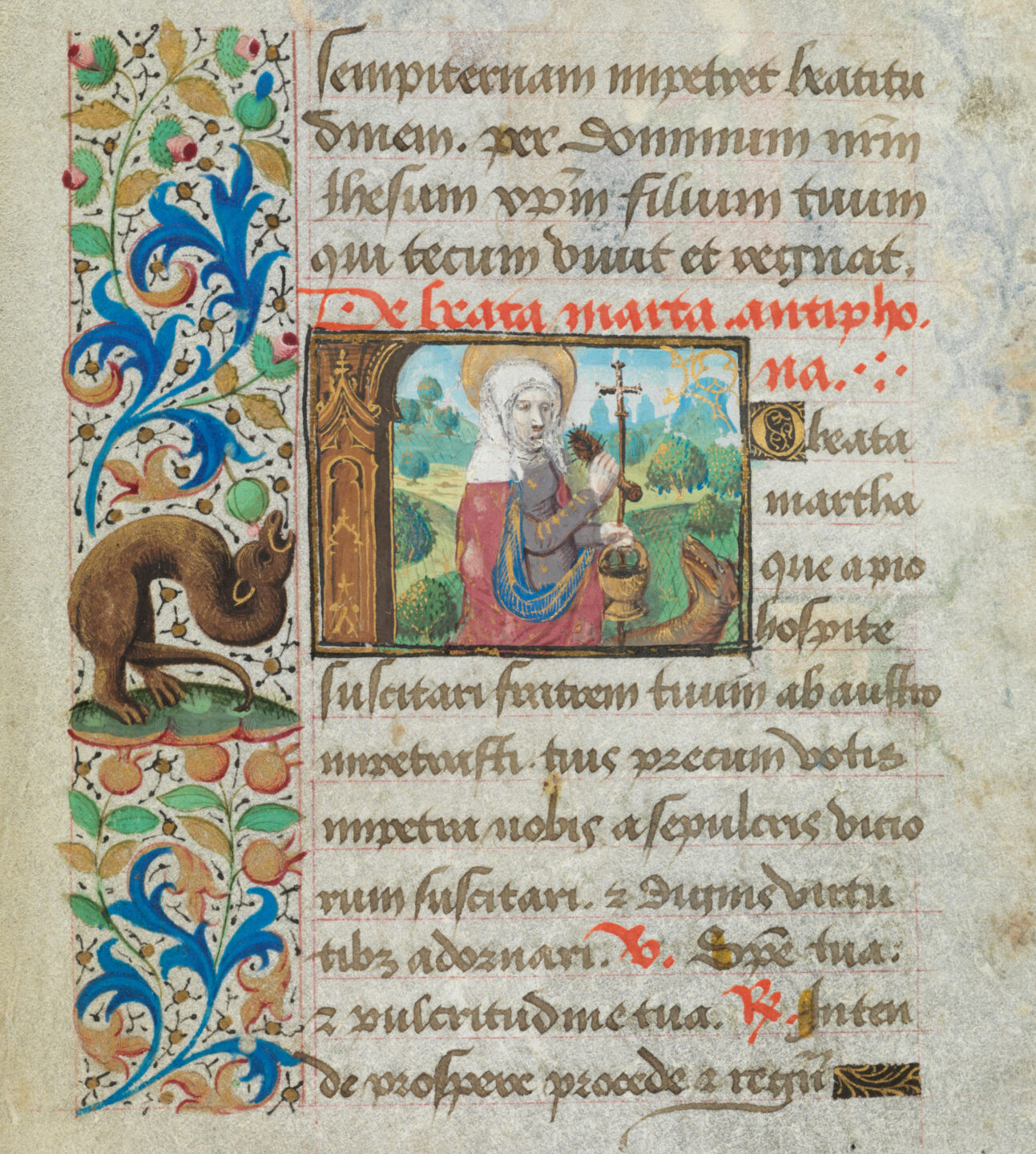 Das Leiden der Martha von Bethanien, 1450/1500. Der Textinhalt wird auch in der kunstvollen Initiale dargestellt.