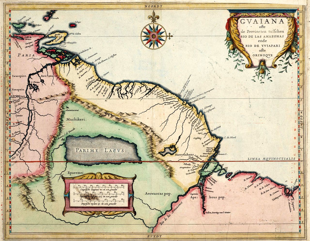 Parime See (Parime Lacus). An der Westküste des Sees liegt die Stadt Manõa, auch El Dorado genannt, Karte von Hessel Gerritsz, um 1625.