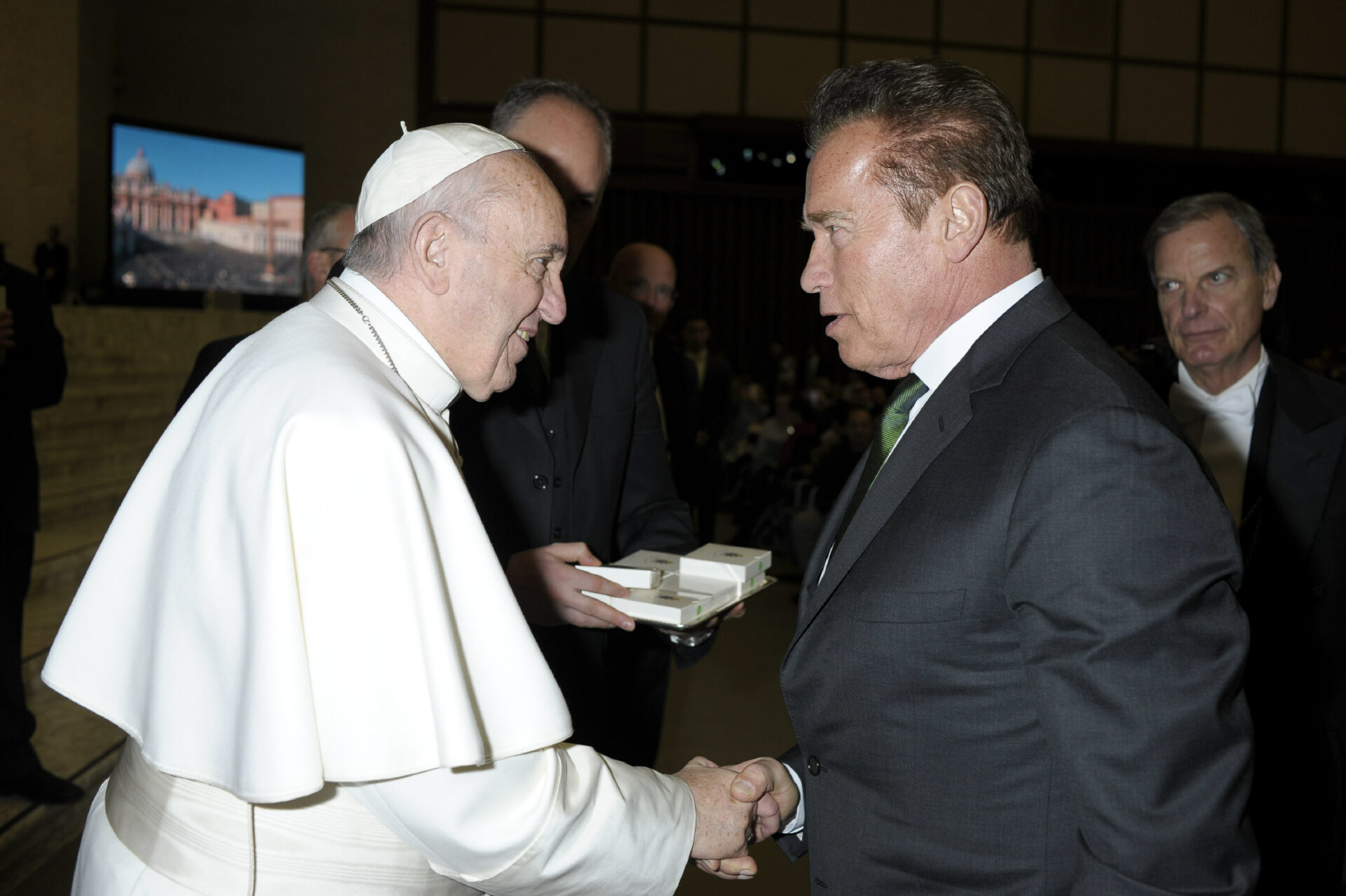Papst Franziskus begrüsst Arnold Schwarzenegger im Jahr 2017.