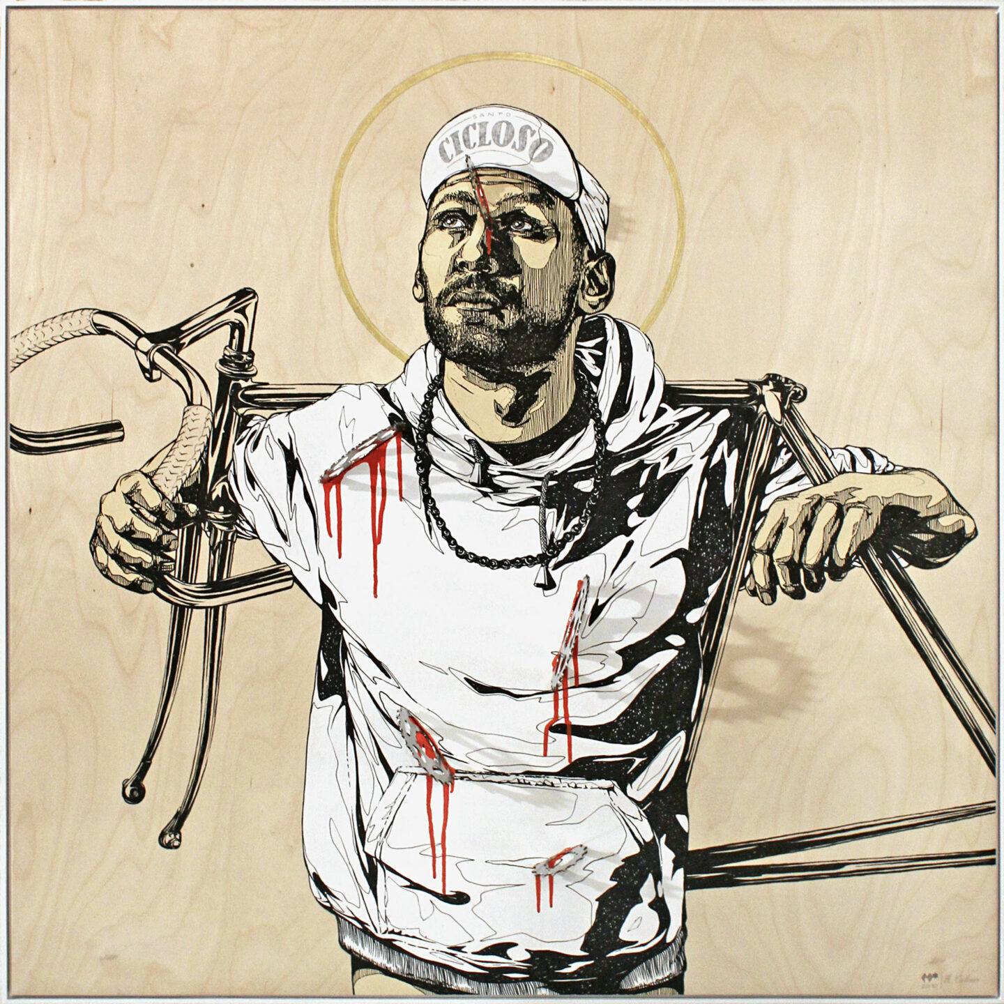 St. Cicloso (erschossen von Zahnkränzen) Akryl und Marker auf Holz von Rodja Galli, 2010