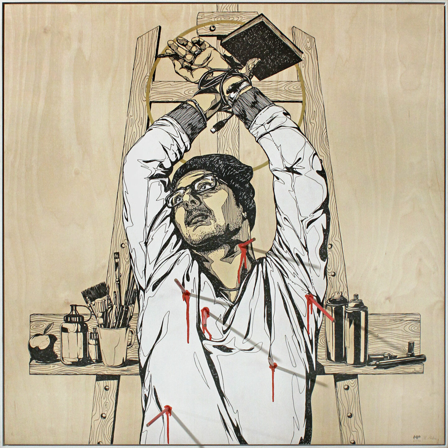 St. Artus (erschossen von Bleistiften) Akryl und Marker auf Holz von Rodja Galli, 2010