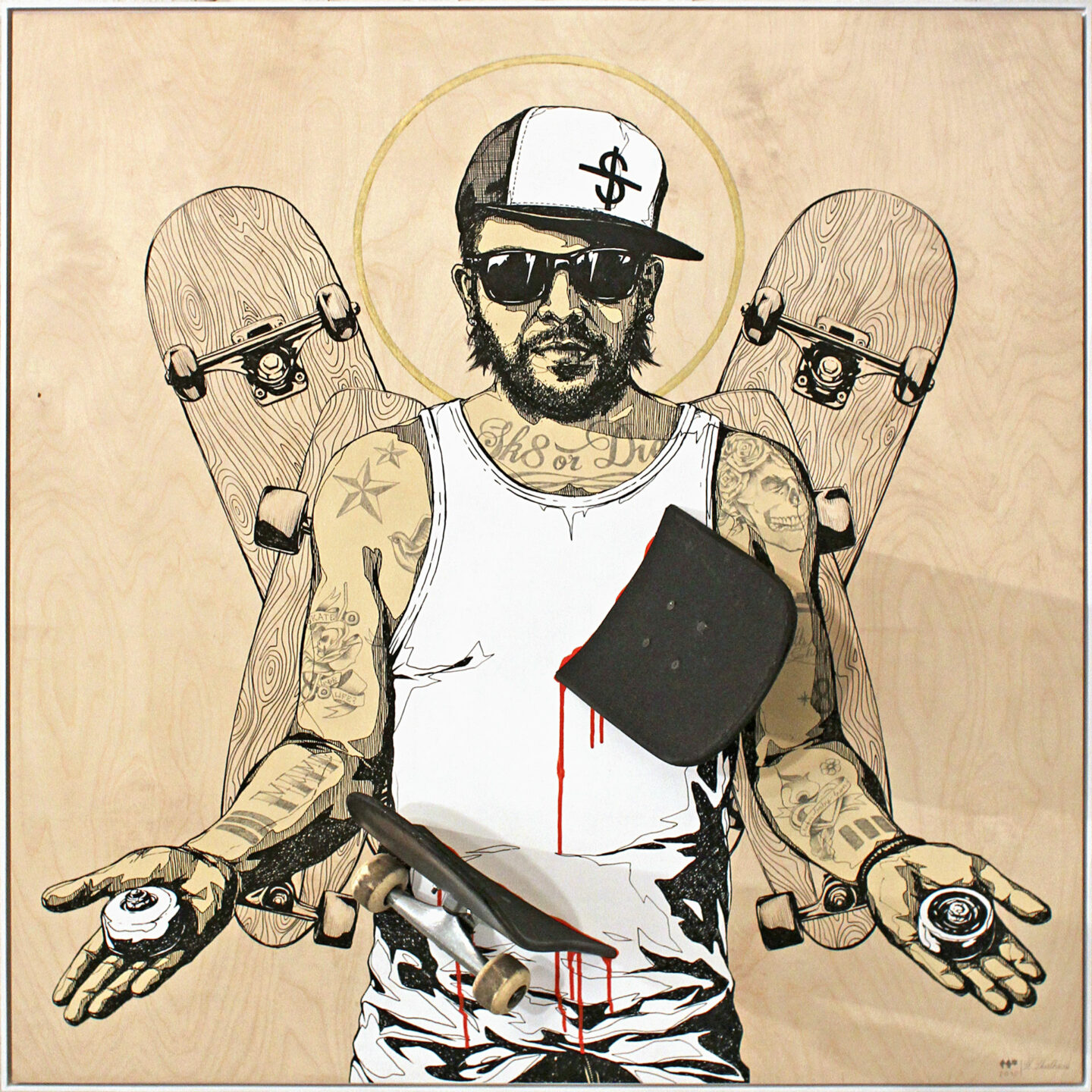 St. Skateus (erschossen von Skateboards) Akryl und Marker auf Holz von Rodja Galli, 2010