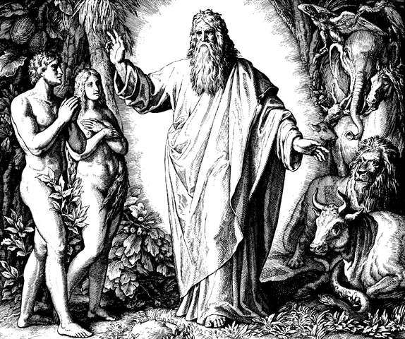 Sechster Tag, Gott erschafft die Landtiere, zuletzt die Menschen, und setzt diese als Herrscher über alle Lebewesen ein. Holzschnitt aus «Die Bibel in Bildern», zwischen 1851–60, Schnorr von Carolsfeld