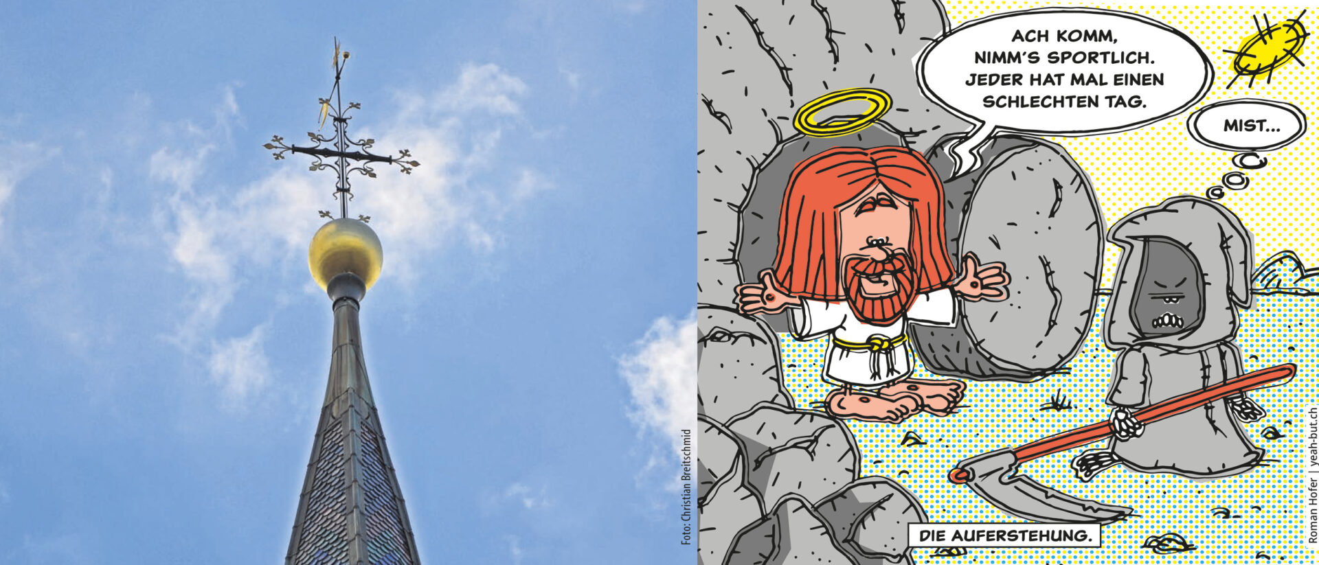 Links hui, rechts pfui: Neues und altes Oster-Cover des Aargauer Pfarrblattes "Horizonte".