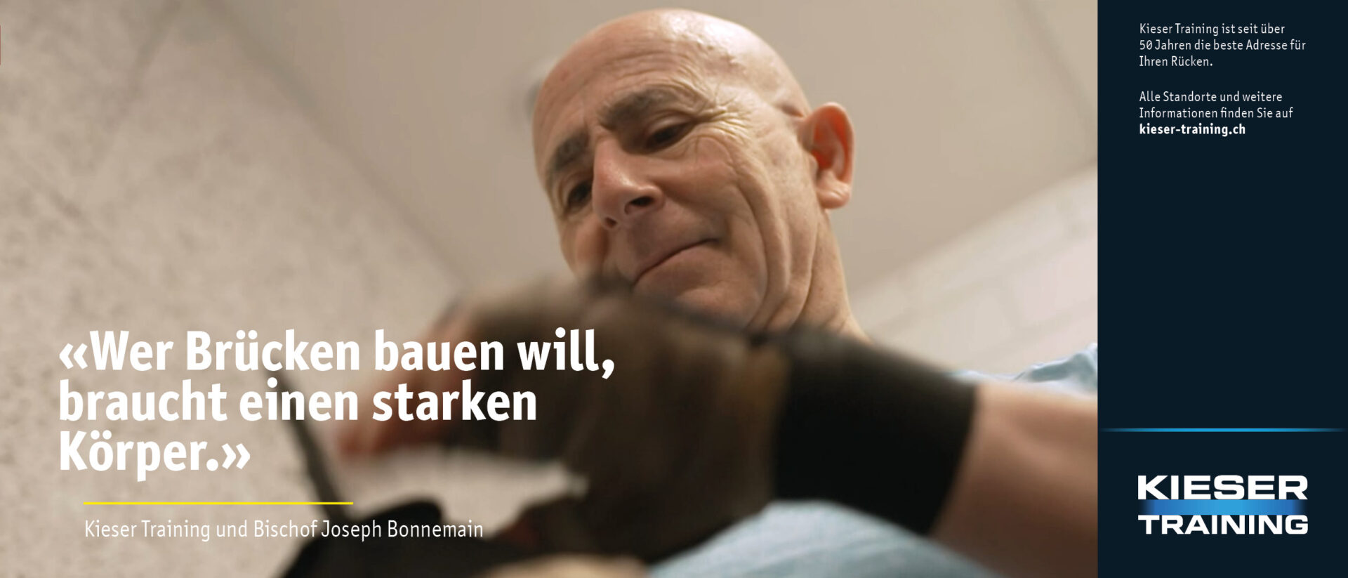 1. April-Gag von kath.ch: Werbeplakat von "Kieser Training" mit Bischof Joseph Bonnemain