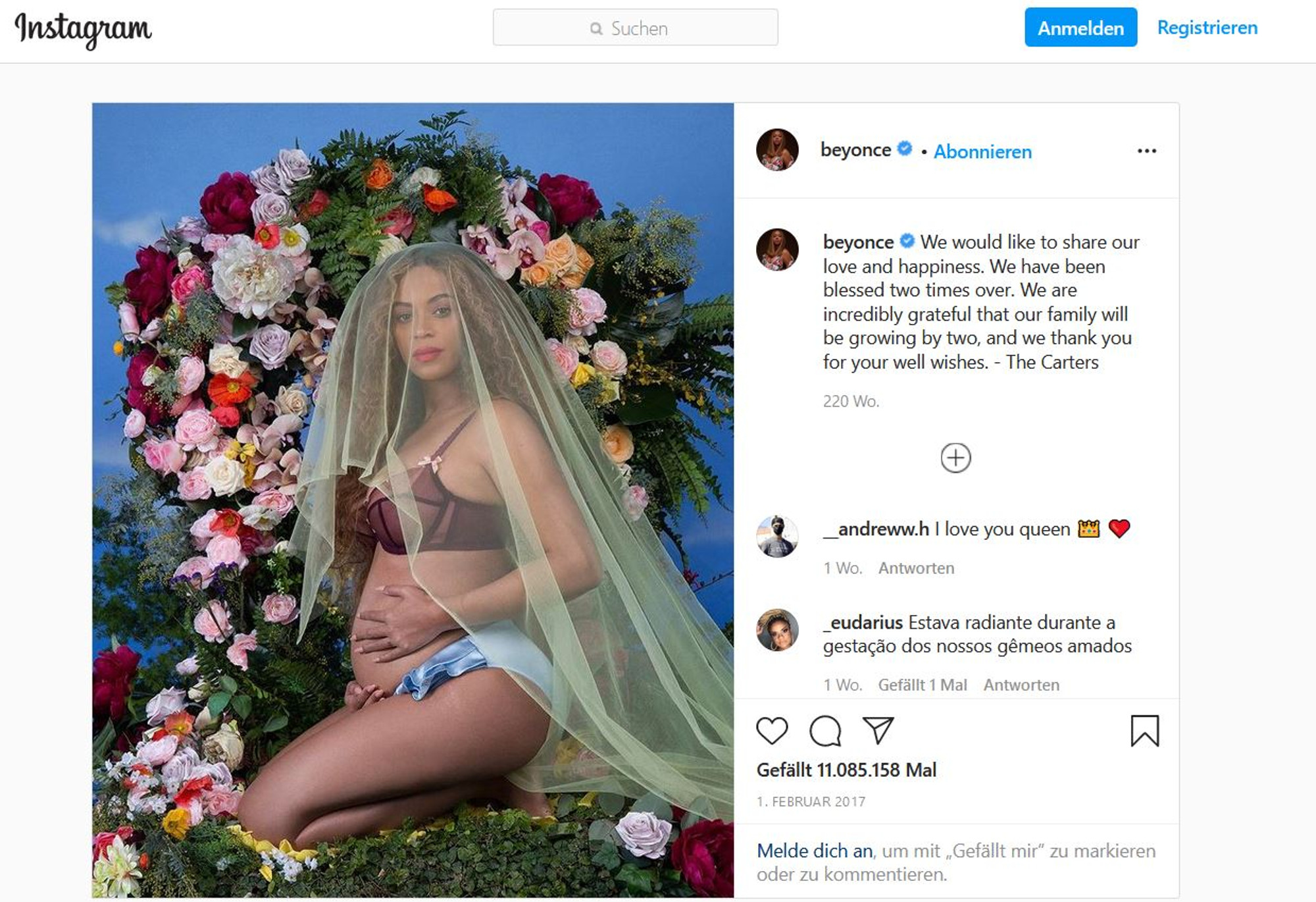 Beyoncé Schwangerschaftsankündigung Februar 2017 auf Instagram. Screenshot