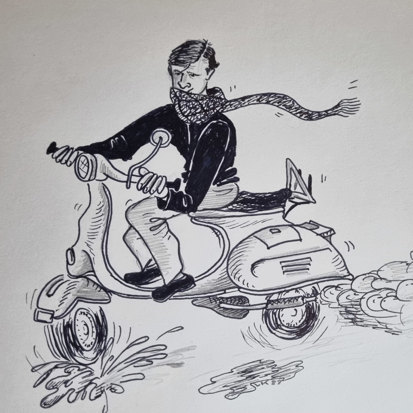 Karikatur von Peter Camenzind auf seiner Vespa in Rom, gezeichnet von einem Kommilitonen