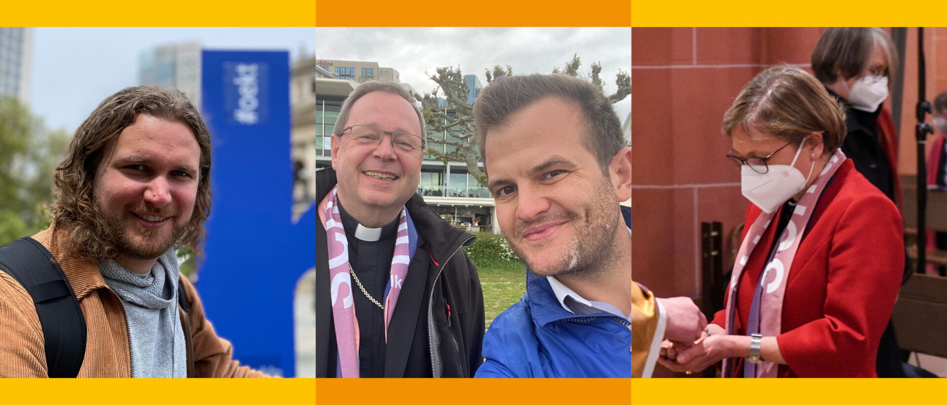 Ökumenischer Kirchentag: links Simon Brechbühler von "Kirche Urban" Zürich, Selfie mit Bischof Bätzing und Raphael Rauch, rechts BGH-Richterin Bettina Limperg.