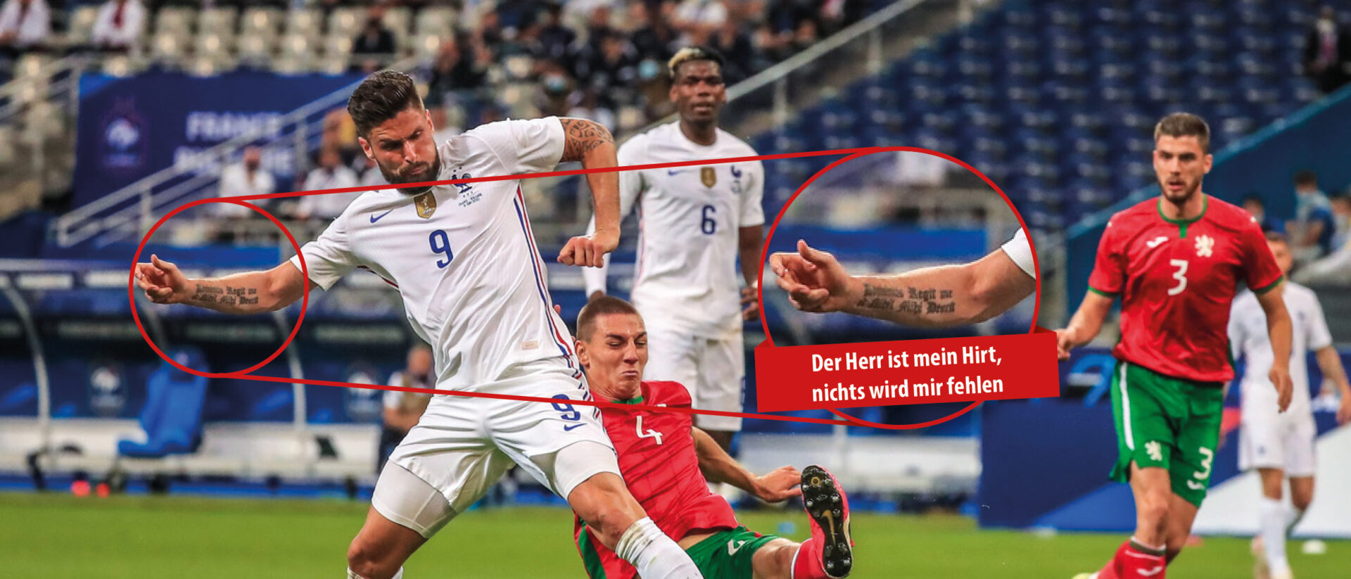 Der französische Spieler Giroud hat sich Psalm 23 auf den rechten Arm tätowiert.