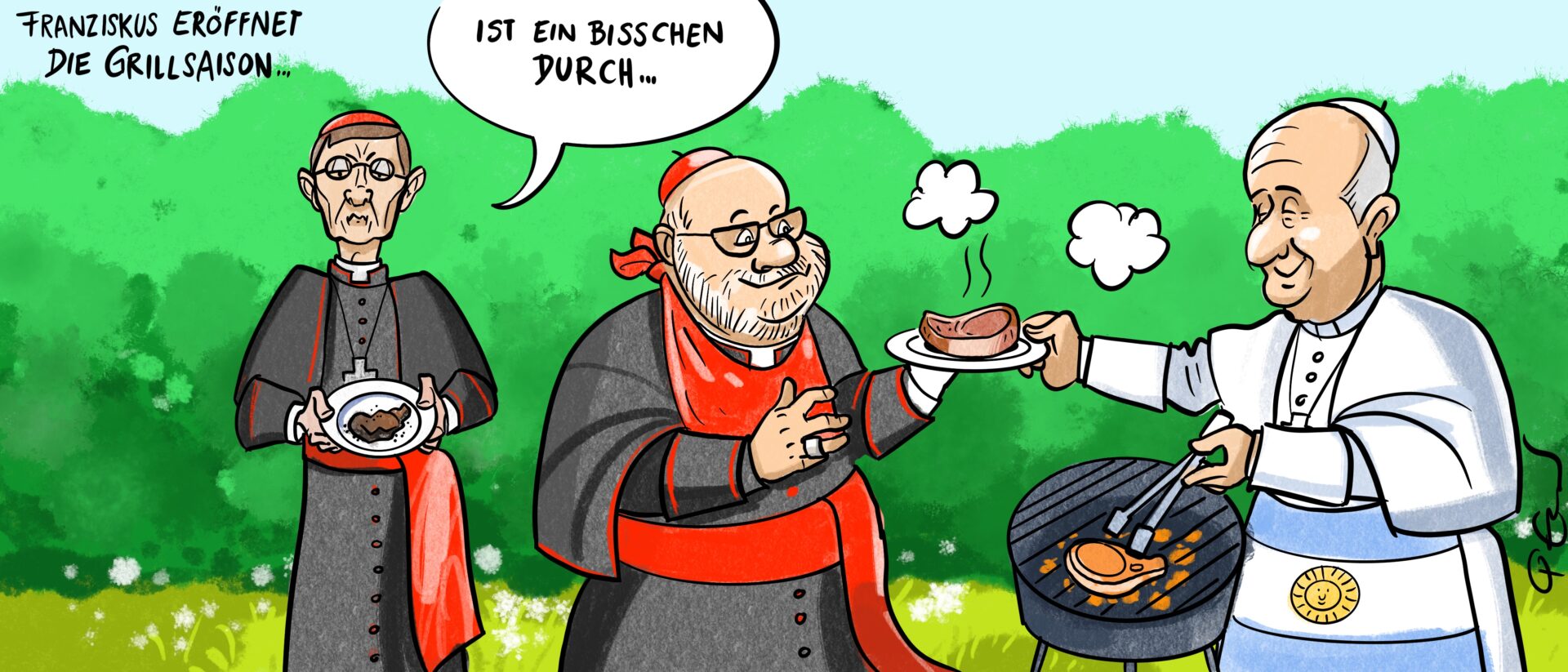 Grillmeister Franziskus mit Kardinal Woelki (links) und Kardinal Marx.