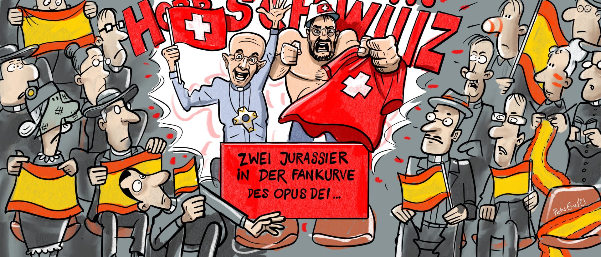 Bischof Joseph Bonnemain und der Jurassier Luca Loutenbach sprengen die Fankurve des Opus Dei.