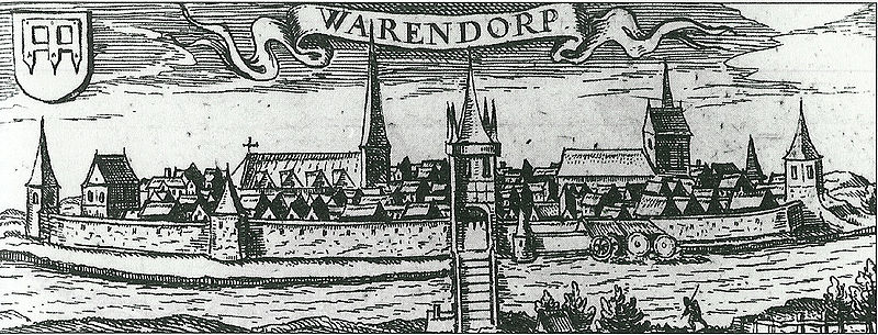 Türme als Orientierungspunkte. Stadtansicht von Warendorf (Westfalen, Deutschland), Kupferstich von Johannes Gigas, 1616.