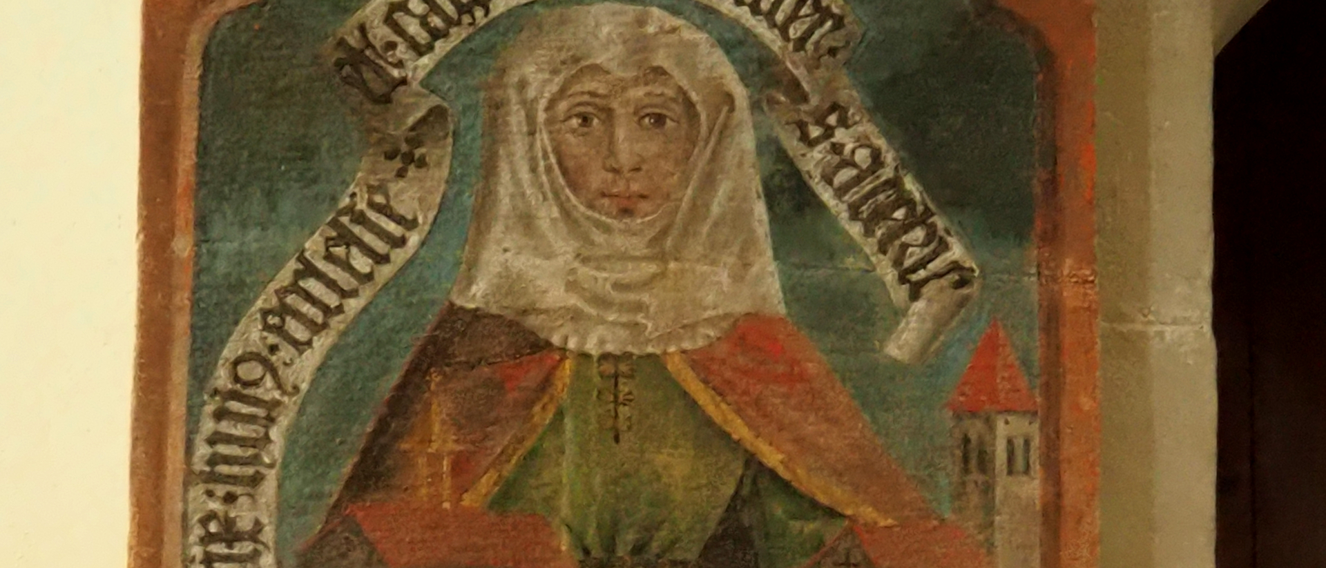 Reginlinde: Klosterstifterin und ehemalige Fraumünster-Äbtissin. Malerei in Kirche St. Peter und Paul auf der Insel Ufenau