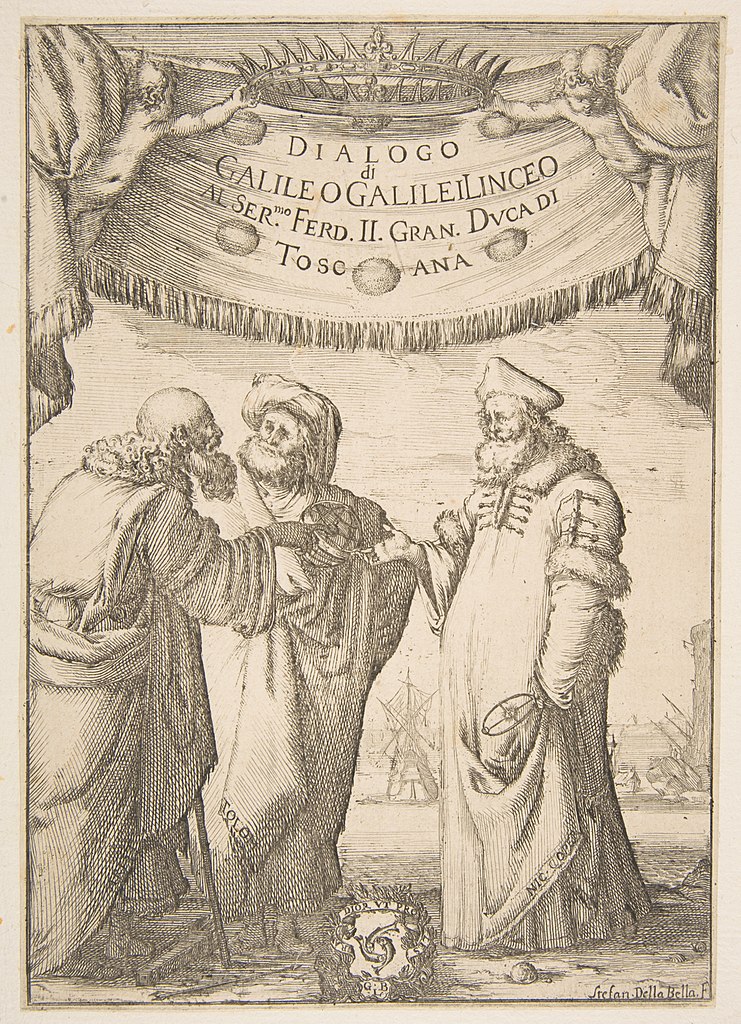 Frontispiz von Galileis «Dialogo» von Stefano della Bella, 1632.