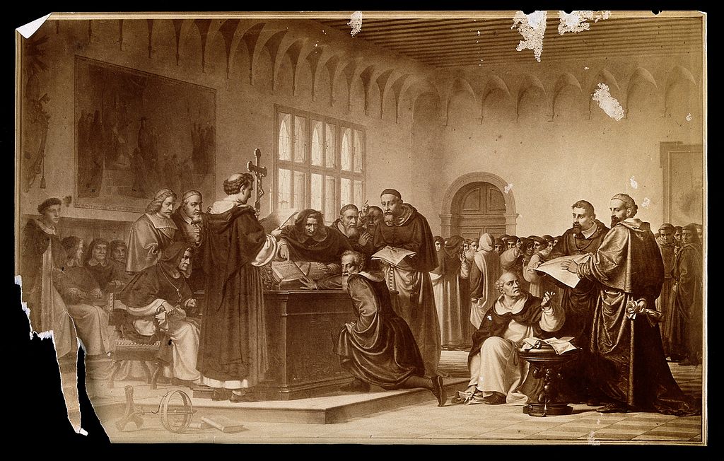 Galileo Galilei bei seiner Verhandlung vor dem Inquisitionsgericht, Fotografie eines Gemäldes.