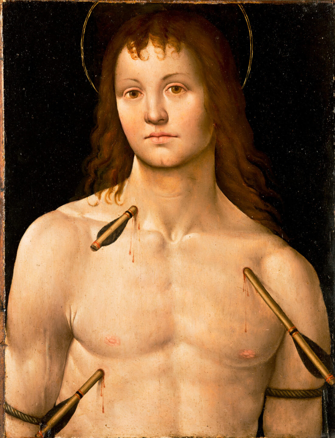 Heiliger Sebastian, Italienischer Maler, um 1500, Ölhaltiges Bindemittel auf Holz