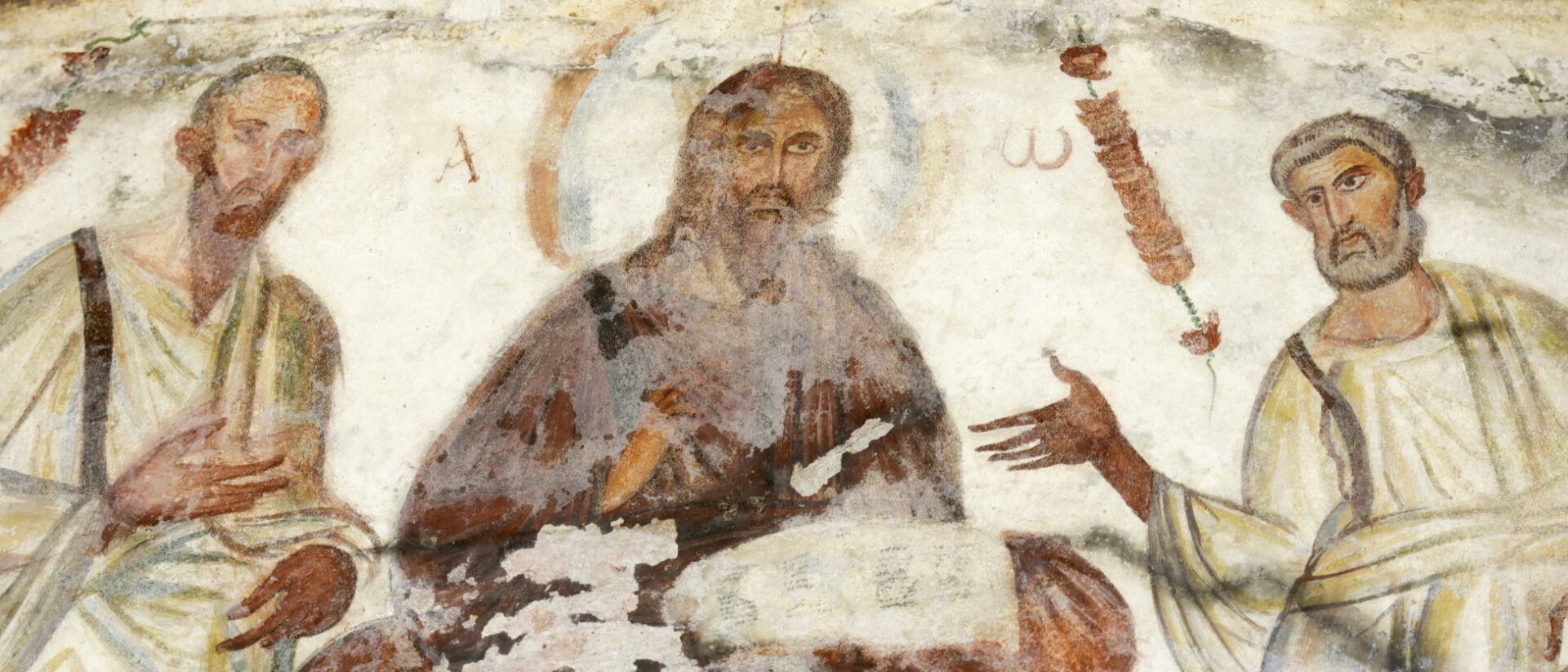 Petrus, Christus und Paulus (rechts): Fresko in der Katakombe der Heiligen Marcellinus und Petrus in Rom.