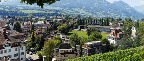 Panorama von Sarnen mit dem Kloster St. Andreas, dem Kollegium und dem Sarnersee. | © David Meier