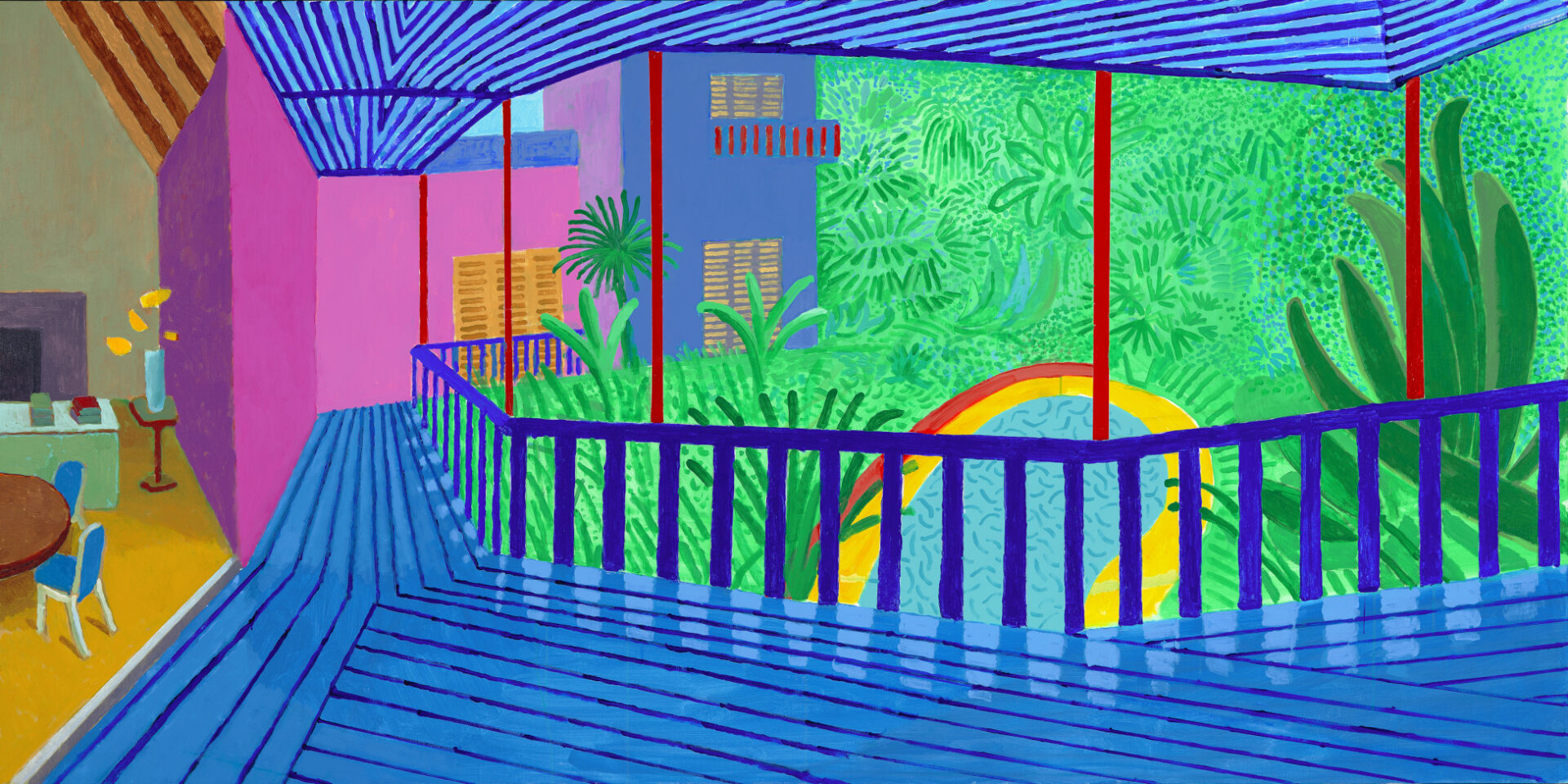 "Interior with Blue Terrace and Garden" von David Hockney aus dem Jahr 2017.
