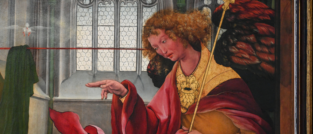 Erzengel Gabriel bei der Verkündigung des Herrn, Detail des Isenheimer Altars am 16. Oktober 2022 im Museum Unterlinden in Colmar (Frankreich).