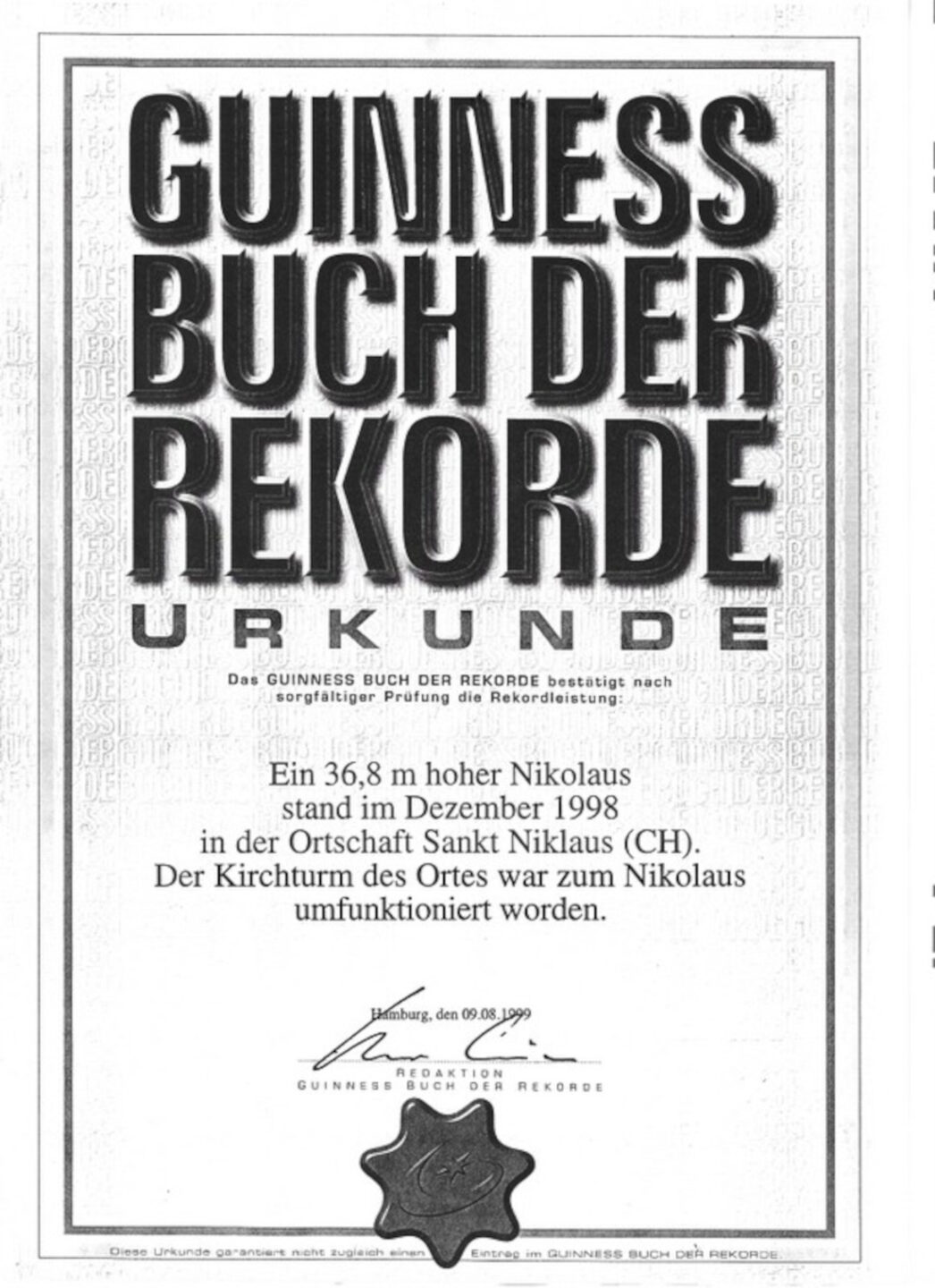 Die Guinness-Urkunde des Weltrekords von 1998.
