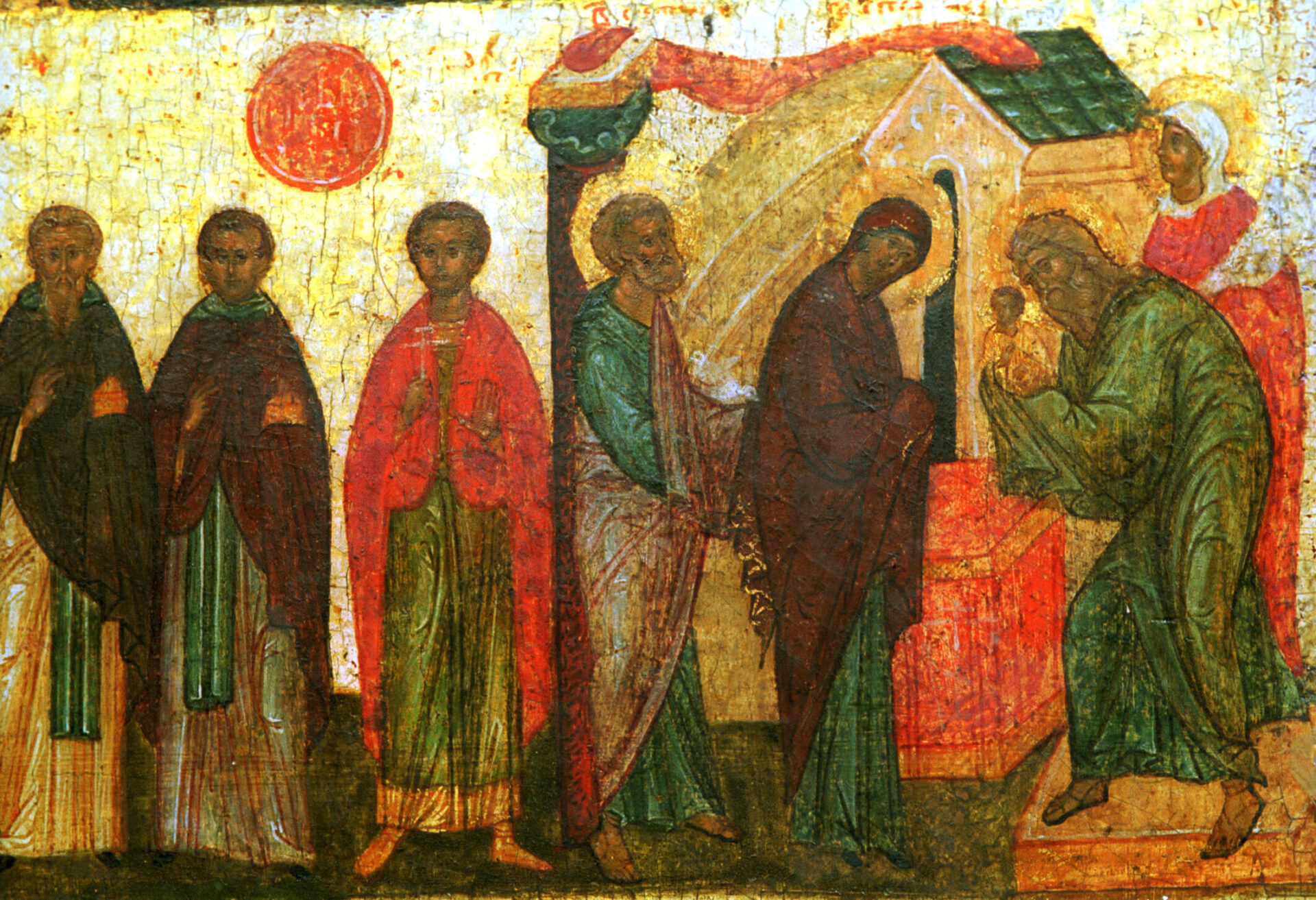 Darstellung Christi im Tempel am 2. Februar: Simeon (rechts) hält das Christuskind. Hinter ihm steht die Prophetin Hanna. Davor Maria und Joseph mit zwei Tauben.