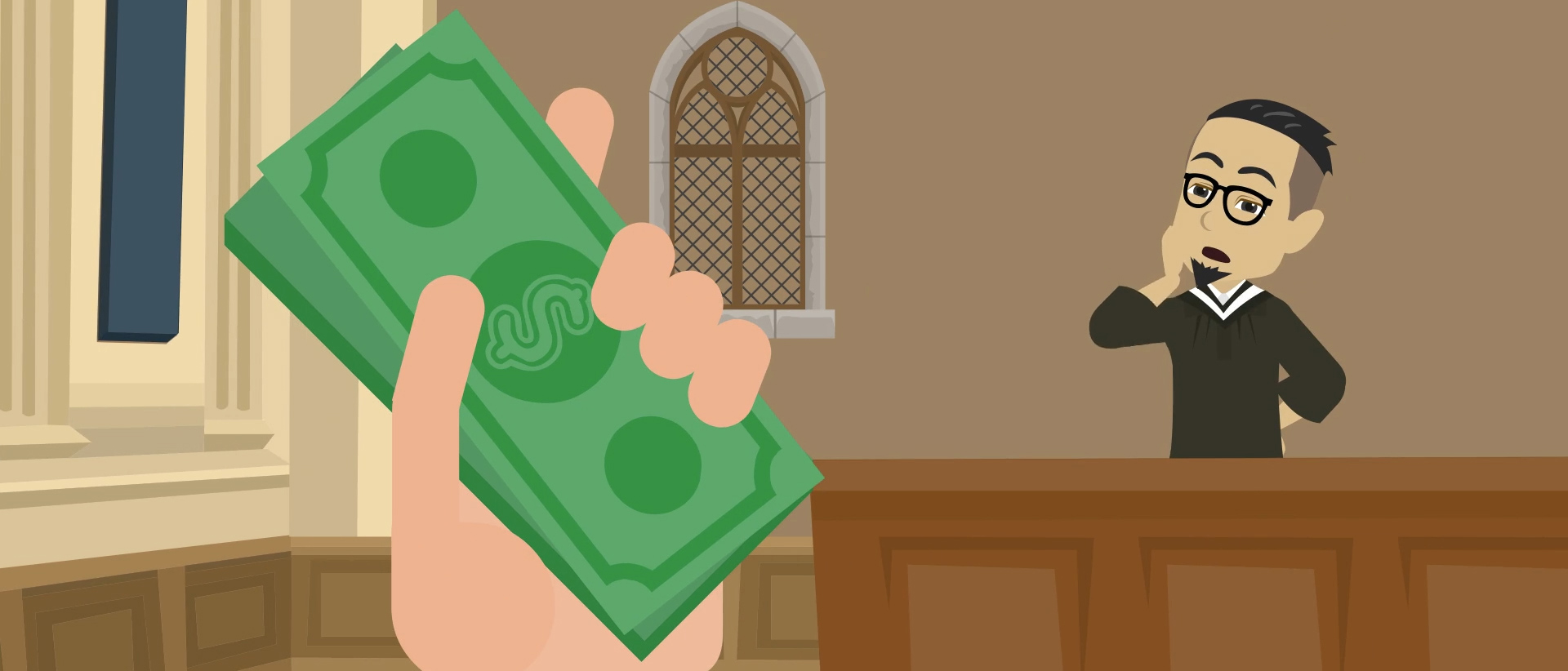 Cartoon-Priester starrt auf Geld