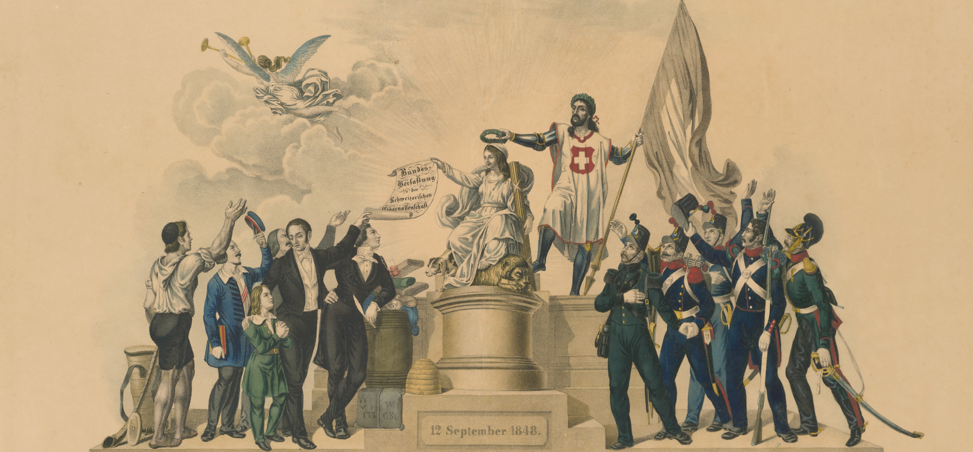 Bundesverfassung der Eidgenossenschaft vom 12. September 1848, mit allegorischer Figurengruppe. Ausschnitt