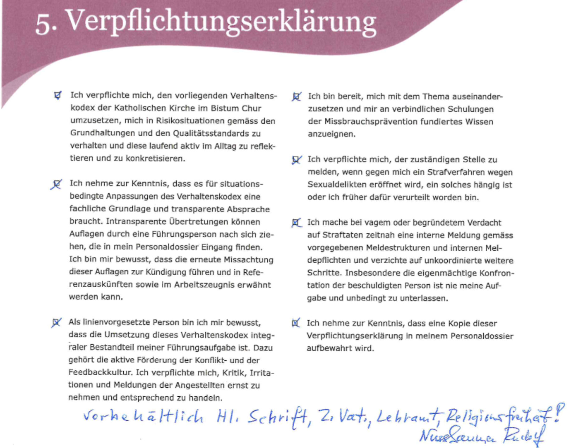 Die von Pfarrer Rudolf Nussbaumer unterschriebene Verpflichtungserklärung - mit Vorbehalt.