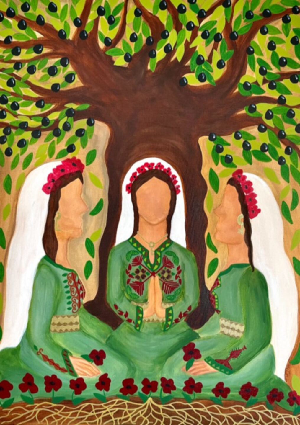 Plakat des Weltgebetstages 2024: Drei palästinensische Frauen unter einem Olivenbaum.