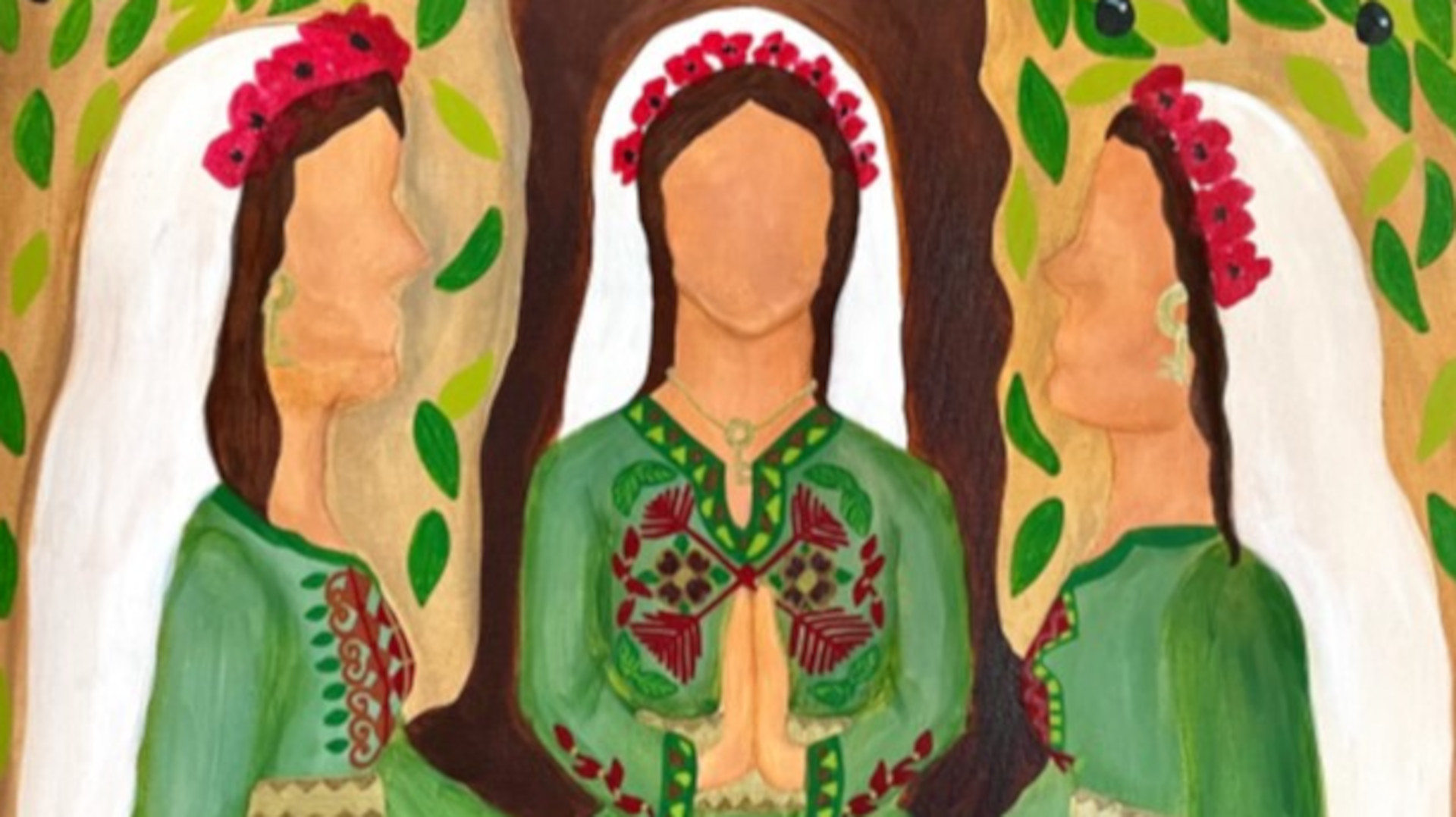 Ausschnitt aus dem Plakat des Weltgebetstages 2024: Drei palästinensische Frauen unter einem Olivenbaum.
