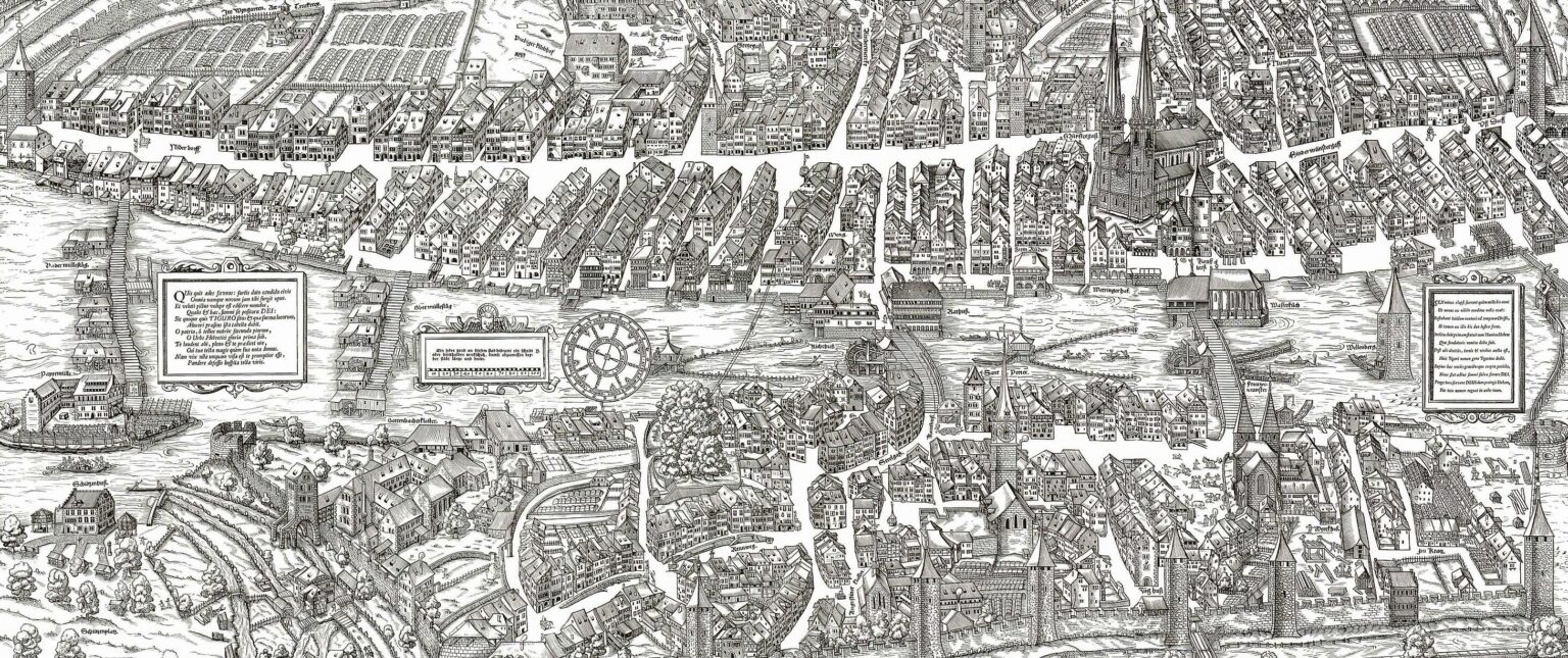 Die Stadt Zürich auf einem Holzschnitt von Jos Murer 1576.