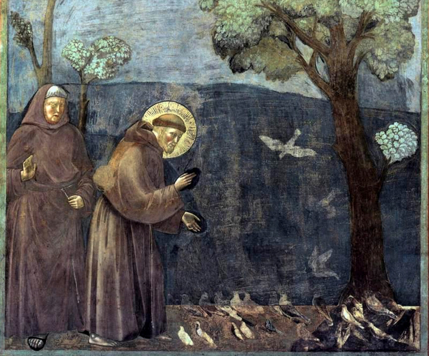 Der heilige Franziskus predigt den Vögeln: Ausschnitt aus einem Gemälde von Giotto di Bondone