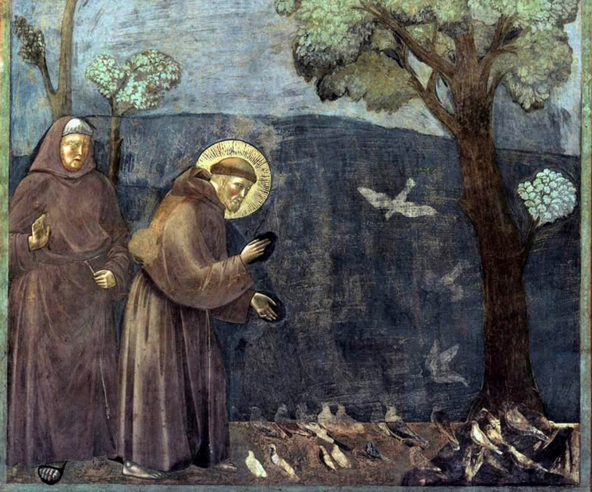 Der heilige Franziskus predigt den Vögeln: Ausschnitt aus einem Gemälde von Giotto di Bondone | Giotto di Bondone/Public Domain