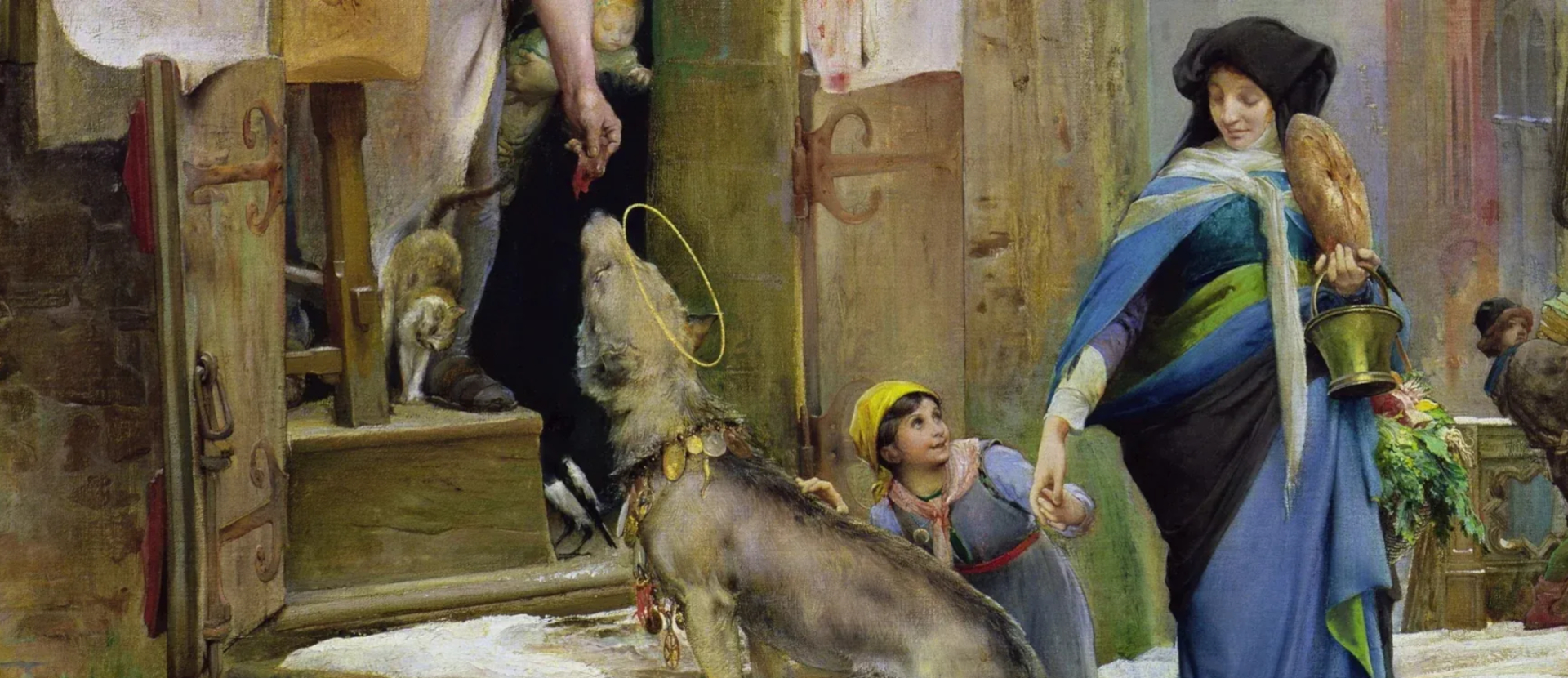 Der Wolf von Gubbio wird von den Menschen in Gubbio gefütter. Ausschnitt aus einem Gemälde von Luc-Olivier Merson (1877)